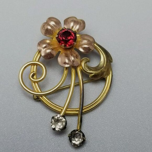 Vintage Van Dell 12k Gold Filled Red Rhinestone Flower Brooch Lapel Pin, Estate - Picture 8 of 8